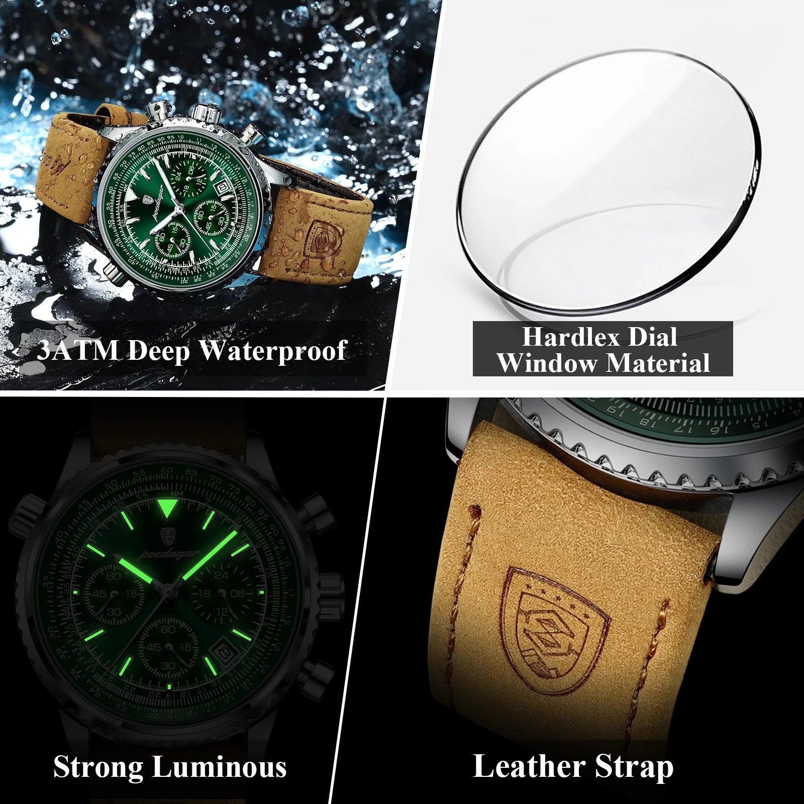 POEDAGAR Top Luxury Men Clock Waterproof Luminous Date Chronograph Sports Man Wristwatch Leather Men's Quartz Watches Male Reloj
