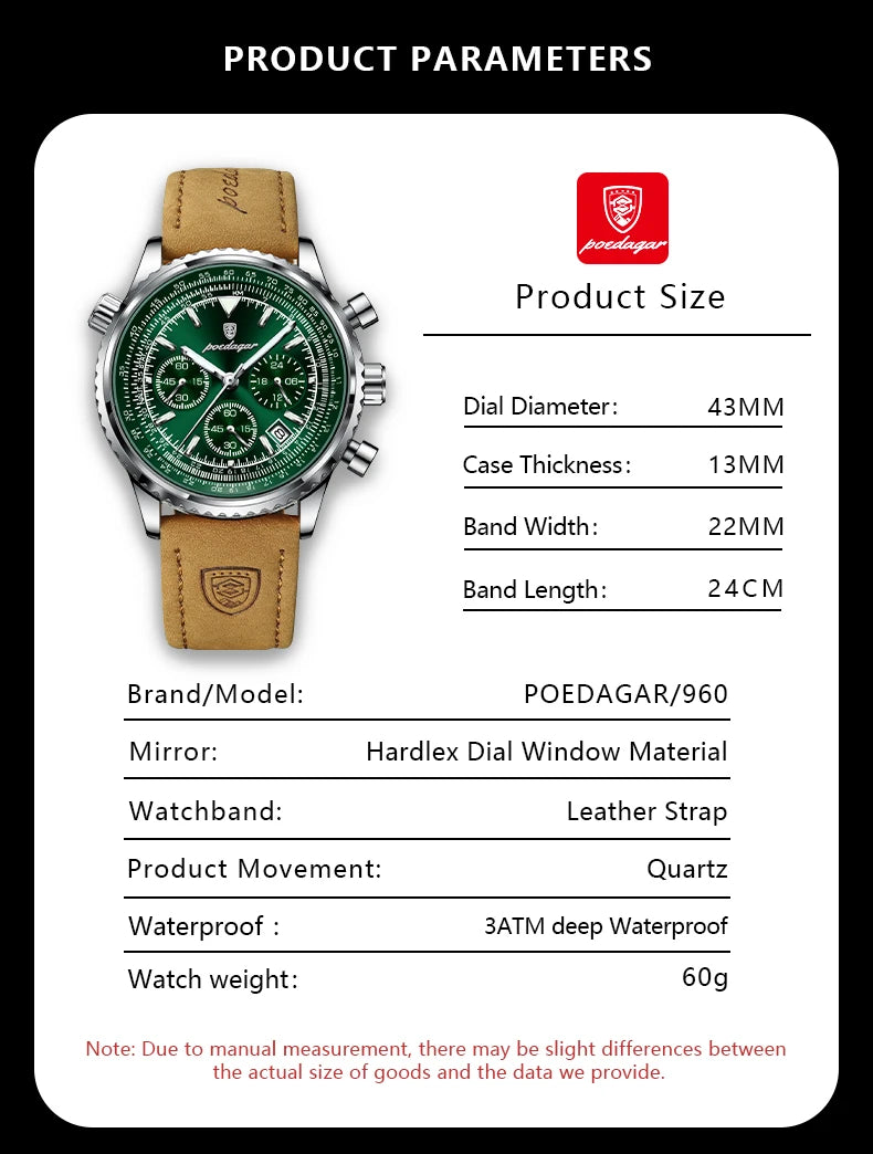 POEDAGAR Top Luxury Men Clock Waterproof Luminous Date Chronograph Sports Man Wristwatch Leather Men's Quartz Watches Male Reloj